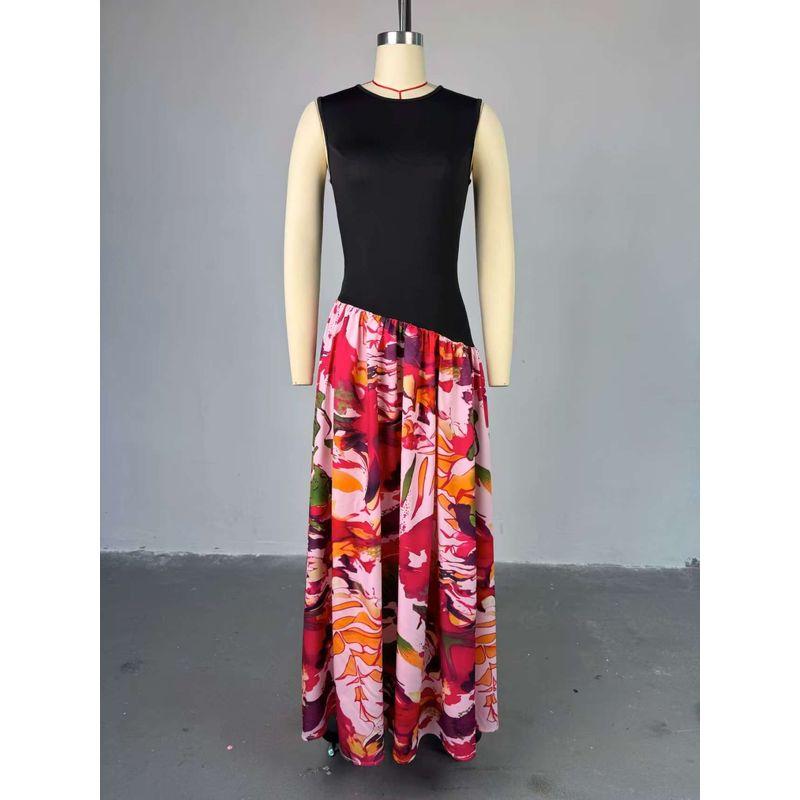 

Western Style New Patchwork Print round Neck Sleeveless High Waist Dress Printed Patchwork Dress Color S