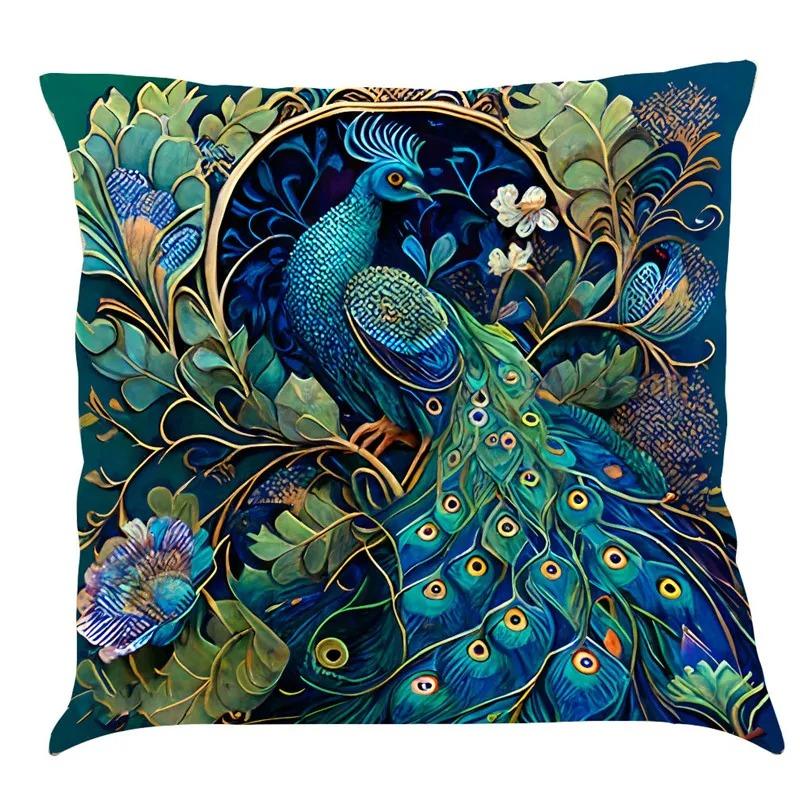 Nordic Style Peacock Cat Puppy Oil Painting Print Pillowcase 45x45 Cm Living Room Sofa Cushion Cover Bedroom Home Decoration
