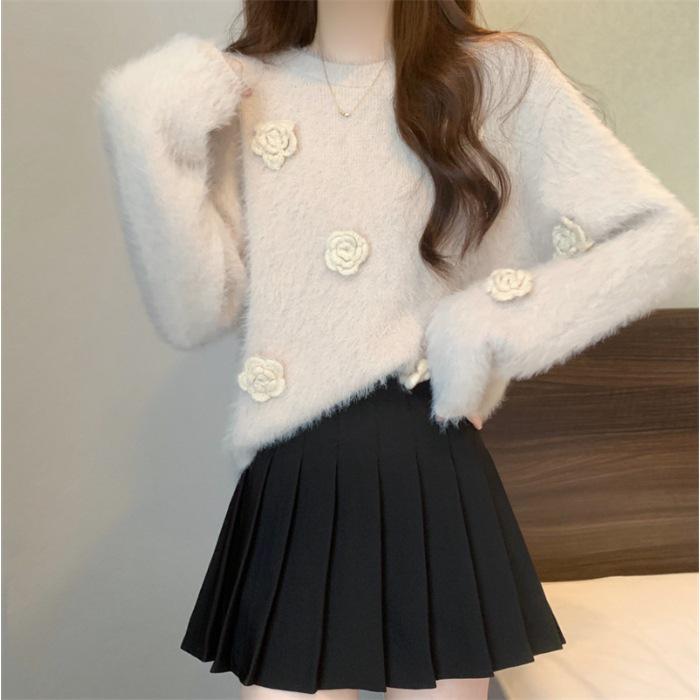 Rose Knit 3D Fluffy Soft Sweater for Women - Autumn/Winter Fashion.