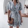 Floral Print Chic Women Summer Dress V Neck Short Sleeve A Line Ruffled Pleated Fashion
