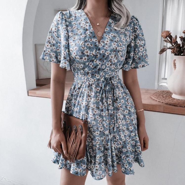 Floral Print Chic Women Summer Dress V Neck Short Sleeve A Line Ruffled Pleated Fashion