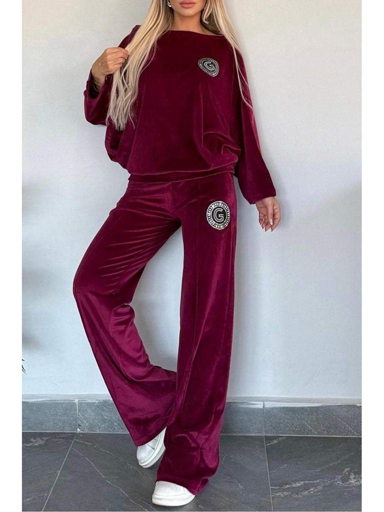 2024 Trendy Dames Goud Fluweel Vleermuismouw Tweedelige Set - Herfst/Lente