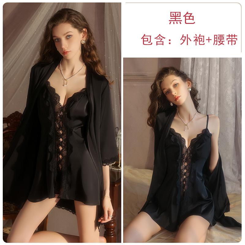 Underwear Passion Seduction Smooth Satin Lace Pure Desire Deep V Low Chest Nightdress Robe Home Suit