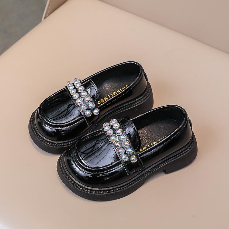 Girls Spring Summer Fashion Leather Shoes Woman Black Rhinestone Soft Soled  Kid Shoes Child Thick Soled Lacquered Leather Shoes