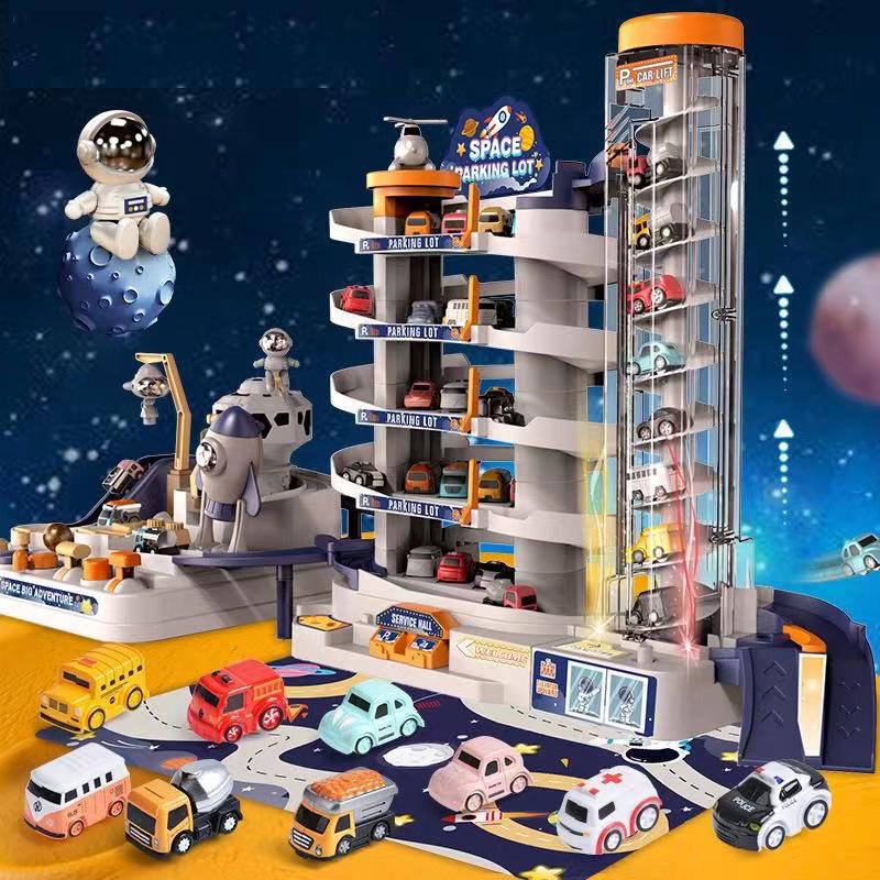 Kids' Space Adventure Parking Lot Toy with 9-Track Car Race for Ages 1-6