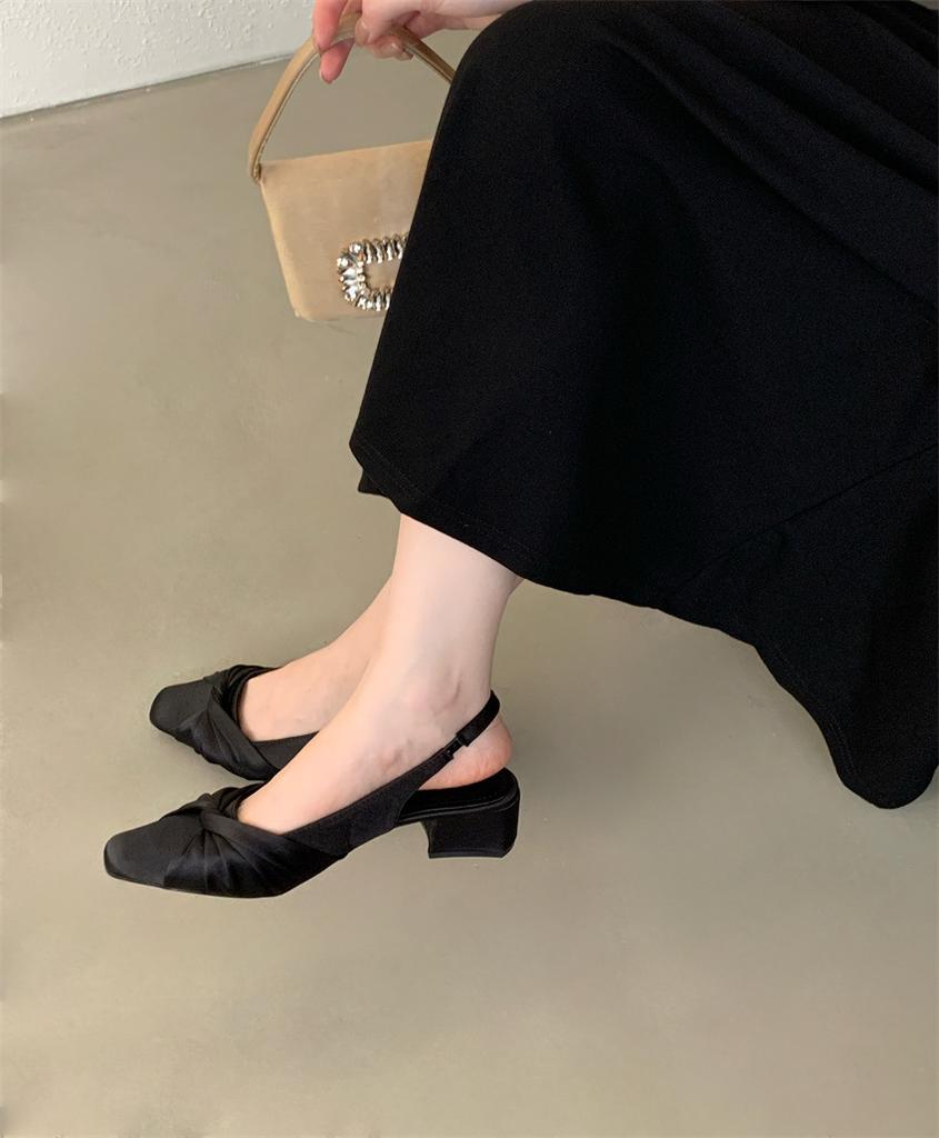 2025 summer new round head mesh bow with thick heel light mouth versatile Mary Jane women's shoes