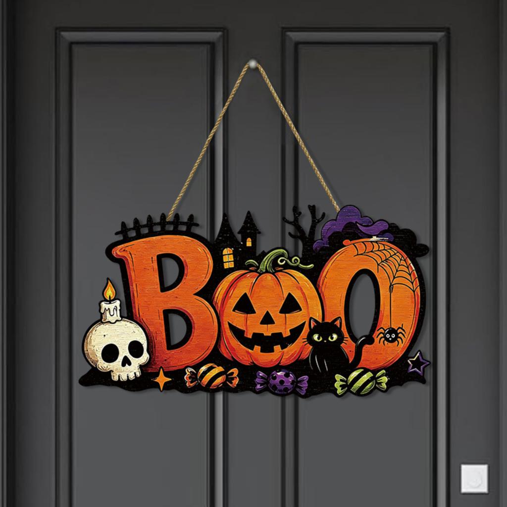 Halloween Wooden Hanging Sign BOO Decorative Wall Plaque for Holiday Party Indoor Outdoor Seasonal Celebration Decoration