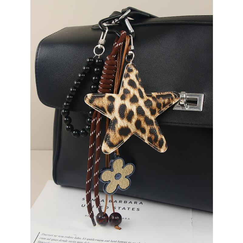 New leopard print five-pointed star pendant accessories fashion beaded flower braided rope bag pendant keychain
