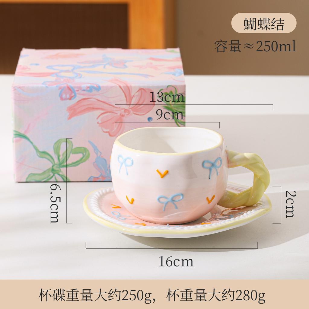 Hand Painted Relief Flower Bow Ceramic Coffee Cup Saucer Creative Hand Twist Handle Afternoon Tea Cup Saucer