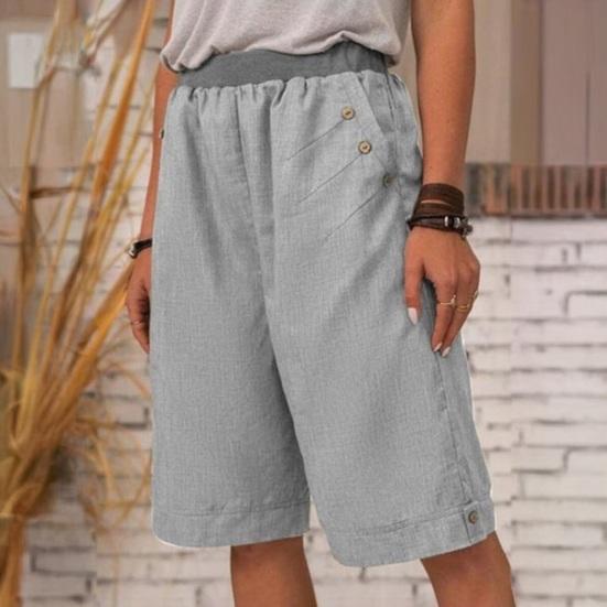 Women Summer Shorts Elastic Waist Mid-rise Casual Sporty Style Shorts with Pockets Solid Color Straight Wide Leg Shorts