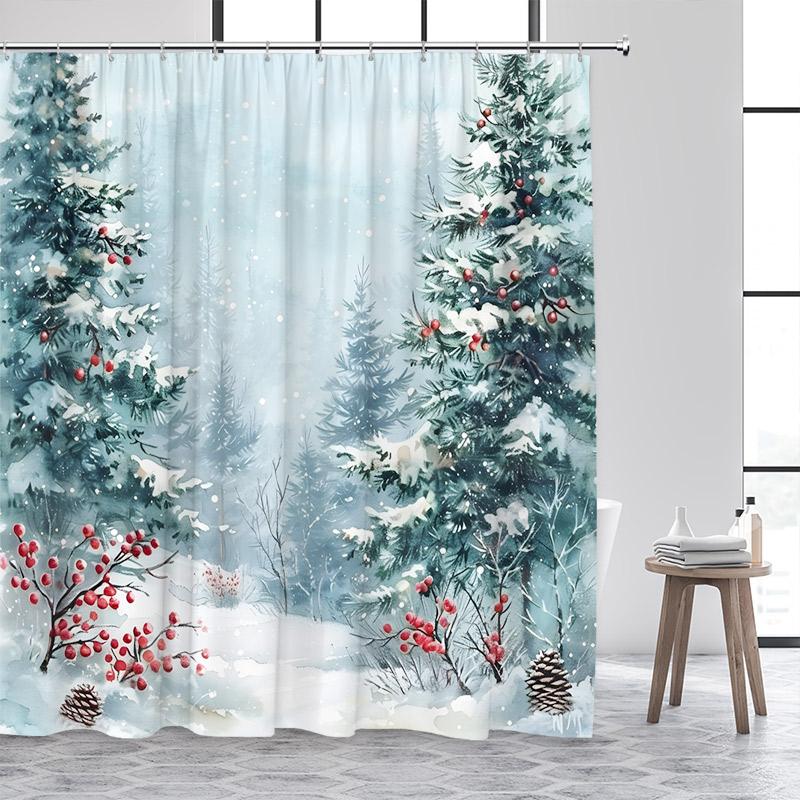 

Зимний лесной пейзаж Шторки для душа Кедр Красные ягоды Акварельное искусство Снежный пейзаж Тканевая занавеска для ванной комнаты Декор с крючками 120x180cm-47x70in