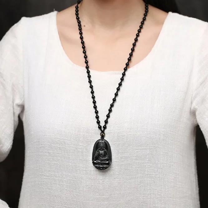 Vintage Retro Buddha Black God Rhinestone Obsidian Pendant Necklace Chain Unisex Men Women Fashion Gothic Amulet Talisman Jewelry Party Gift