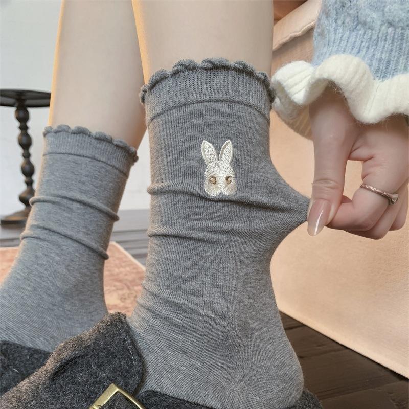 Cartoon Embroidered Socks, Girls' Lace, Cute Little Rabbit Socks, Pure Cotton Mid-calf Pile Socks