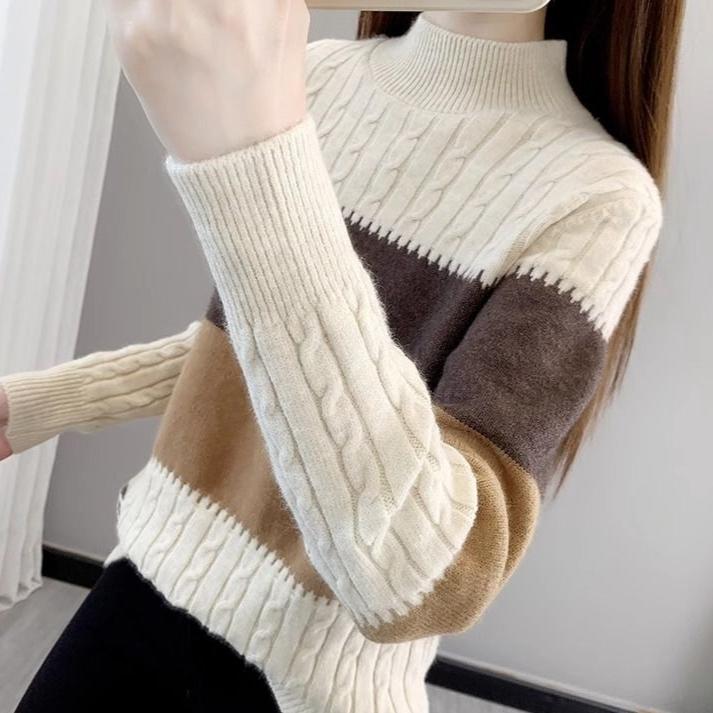 Women's Half Turtleneck Sweater Fall Winter Loose Knit Sweater Top Pullover Knit Jumper Color-blocked Plaid Knitwear