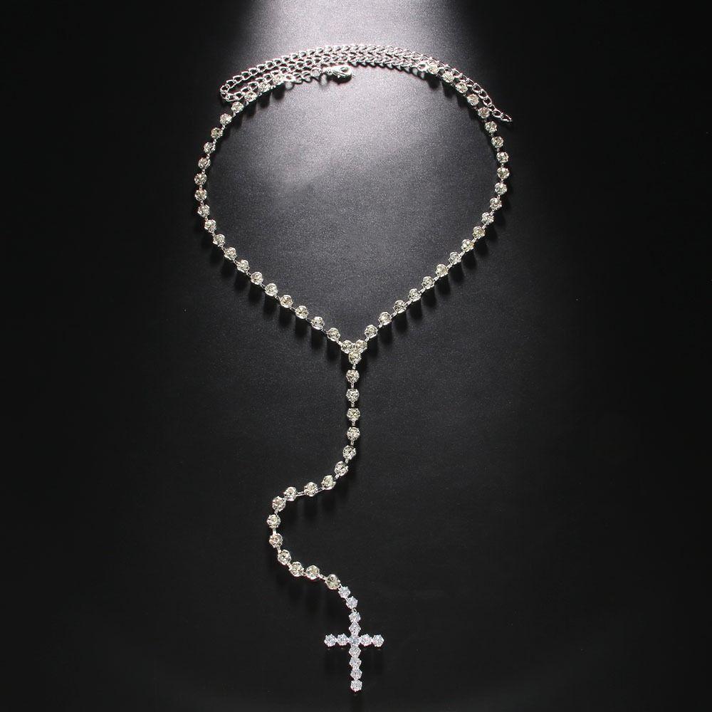 Rhinestones Cross Pendant Necklace Shiny Clavicle Chain  Jewelry Accessories