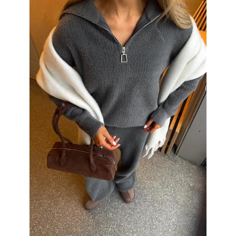 Womens Oversized Knit Set Soft Faux Fur Texture Solid Color Half-Zip Sweater Straight Leg Pants Winter Outfit