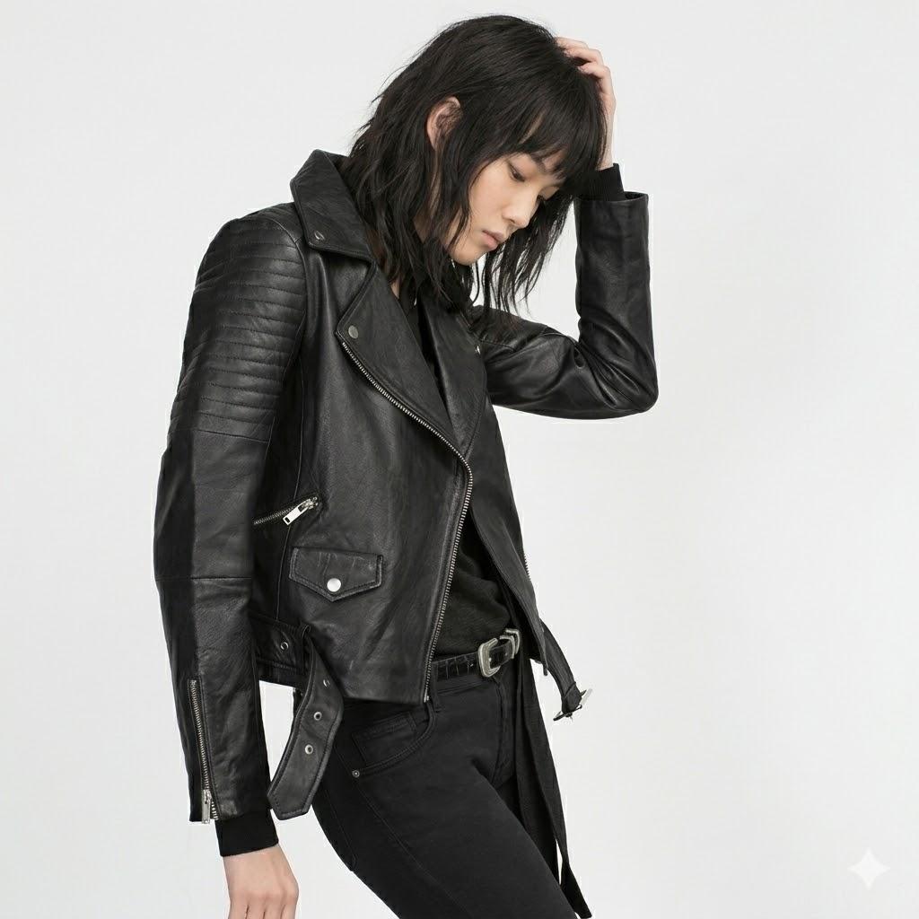 Black Soft Women's Stylish Biker Jacket Real Lambskin Leather Motorcycle Fit