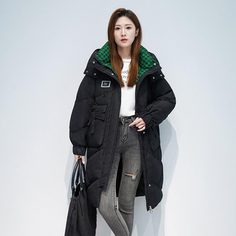 Down padded jacket padded jacket women's hooded thickened loose large size medium and long knee bread jacket tide