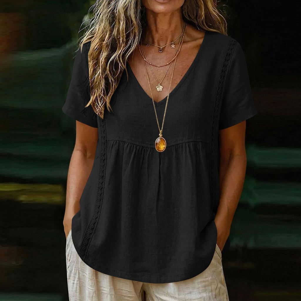 Women Embroidered Short Sleeve V Neck Relaxed Fit Pleated Pullover Blouse Summer Casual Loose Top for Daily Wear