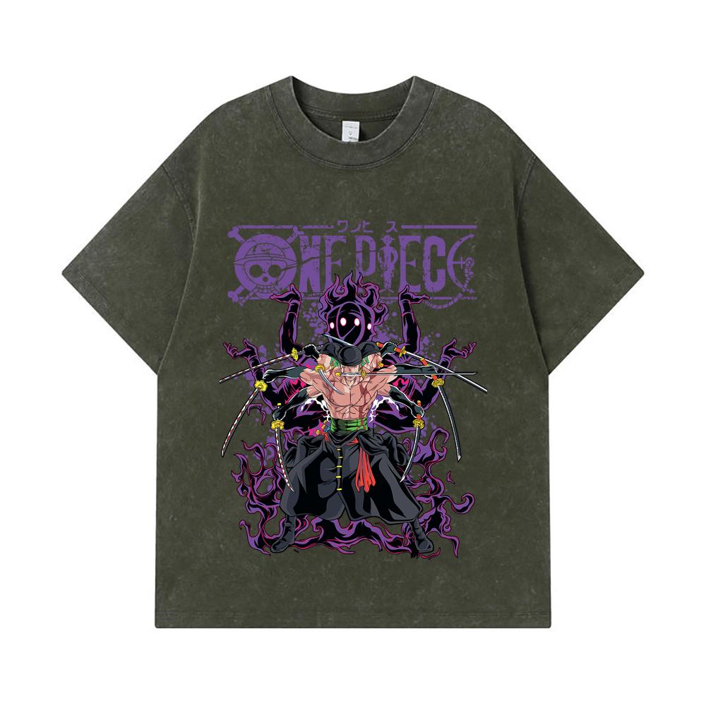 

275 GSM Washed T-shirts 100% Cotton One Piece V65 Zoro Print Unisex Heavy Cotton T Shirt S
