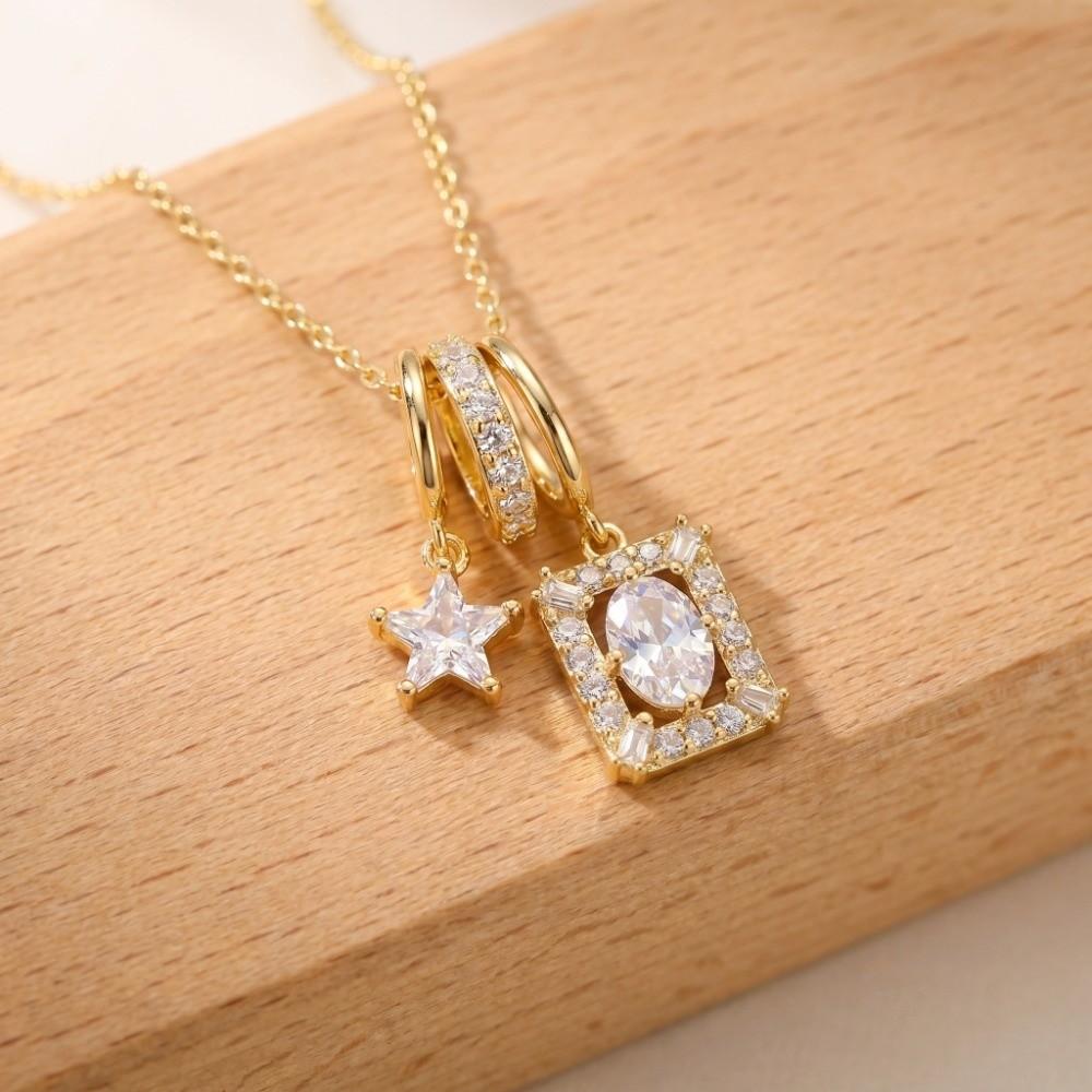 Decoration Star Pendant Necklace Crystal Zircon Collarbone Chain Vintage Square Necklace  Daily