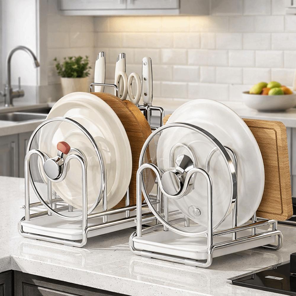 Multi-layer Pot Lid Rack Stainless Steel Rustproof Chopping Board Organizer Space Saving with Drainage Tray Cutting Board Holder