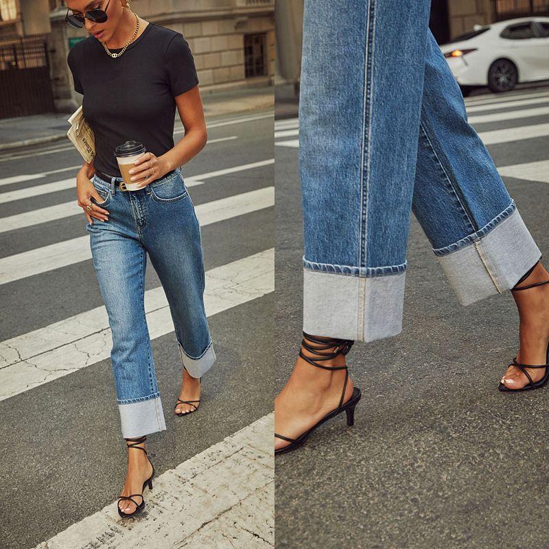 European and American Elastic Straight Jeans Women Quality Retro Curling High Waist Trousers Straight Leg Jeans