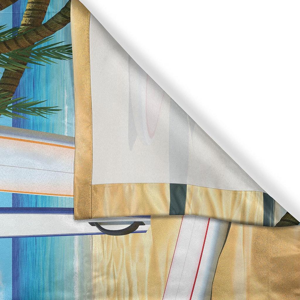 Tropical Beach Scene Curtains Blue Ocean Sky Surfboard Palm Tree Window Drapes Coastal Summer Vacation Prints Home Decor
