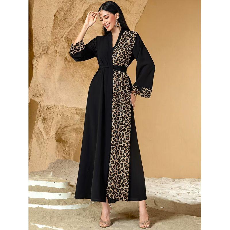 New Patchwork Leopard Print Cardigan Lace-up Robe Dress Splicing Leopard Print Dress