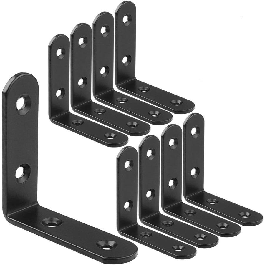 10Pack 65x65x20mm Black L Bracket, Stainless Steel 90° Heavy Duty Corner Brace Joint Fastener with Screws, Round End 4 Holes