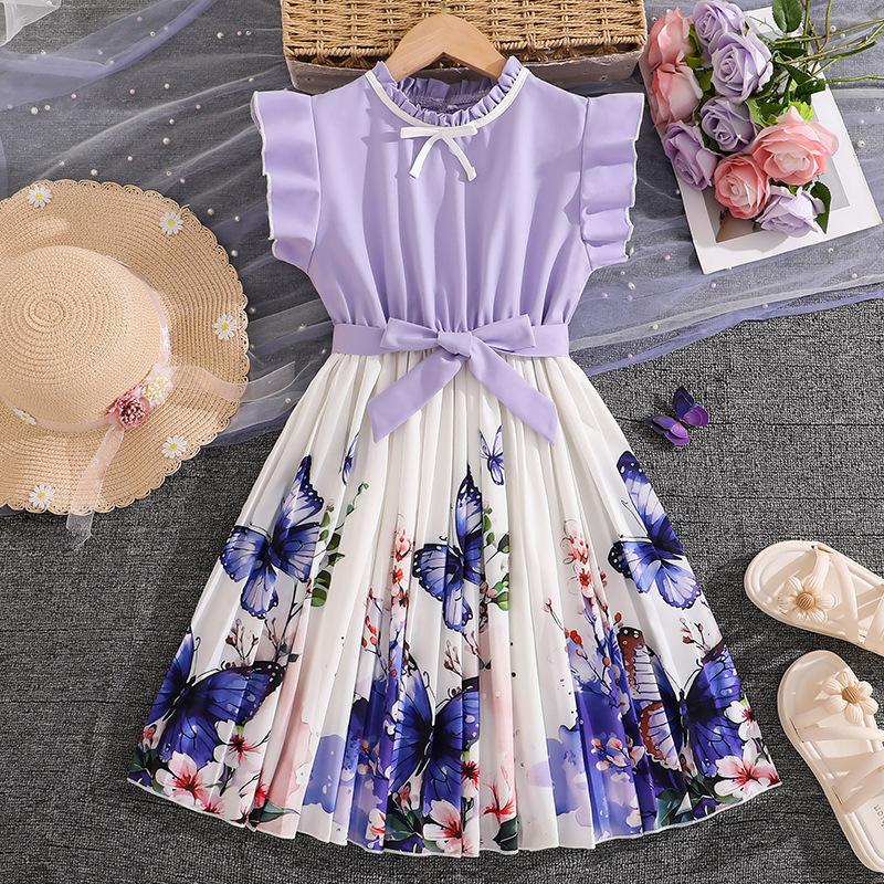 Girls Casual Dress - Summer Children s Sweet Sleeveless Ruffled Floral Princess Dress 130cm=8Y фиолетовый