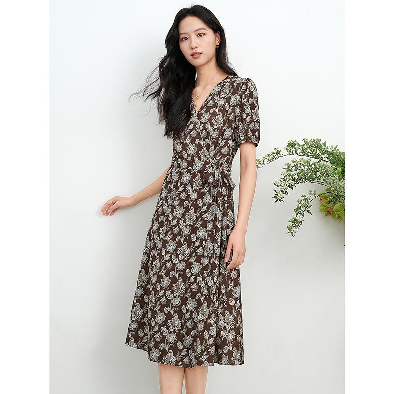 JUZUI Elegant Commuting Style Printed Strap Waist Dress Summer New Style