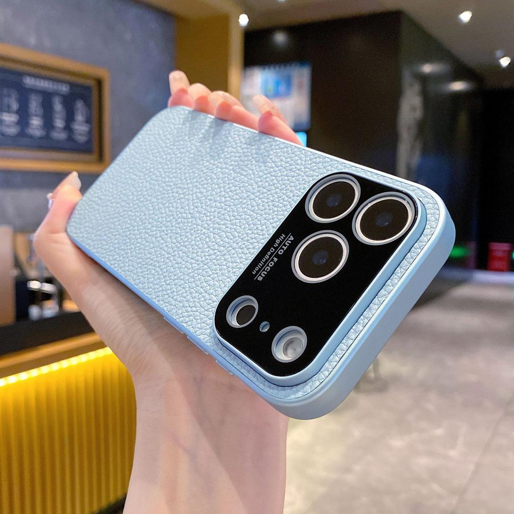 Applicable to iPhone17 mobile phone case plain leather lychee pattern Apple 16pro creative second change 15 advanced sense protective case