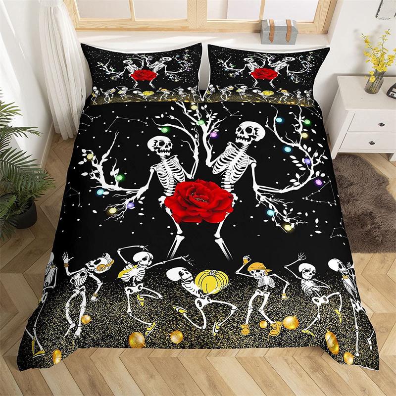 Skull Duvet Cover Set Queen Black Skeleton Paisley Floral Pattern Bedding Set For Teen Adult Polyester Halloween Comforter Cover