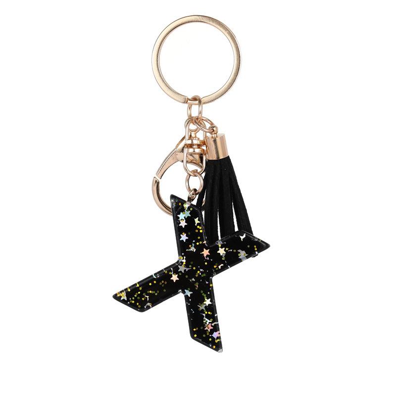 Black Glitter Star Sequins Resin 26 Letters Keychain Initials A-Z Keyring Tassel Charm Accessories Backpack Hanging Decoration