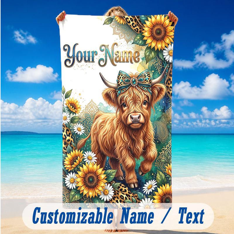Cow Highland Theme Beach Towel Personalized Custom Name & Text Soft Quick Dry Beach Towel for Swimming Travel