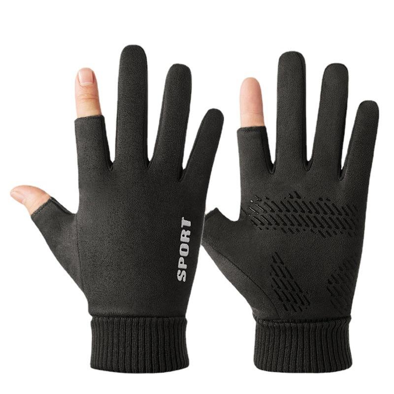 Warm Gloves Suede Plus Velvet Outdoor Riding Driving Anti Slip Two Finger Half Finger Touch Screen Autumn and Winter Gloves