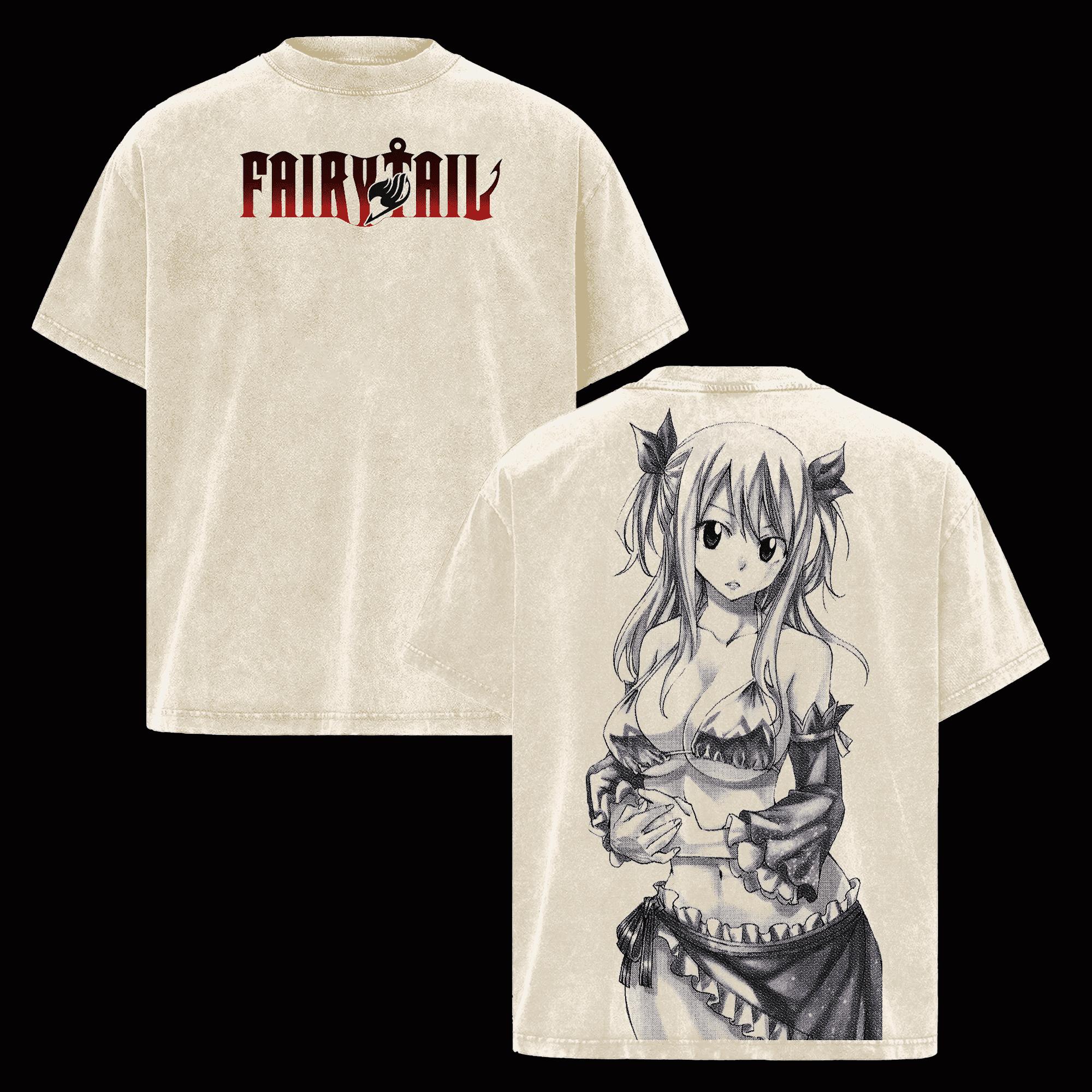 FAIRY TAIL Anime T-shirt Lucy Heartfilia Printed Tshirt Mens Clothing Vintage Washed Oversized T Shirt Pure Cotton Tees Tops XXL бежевый 1590₽