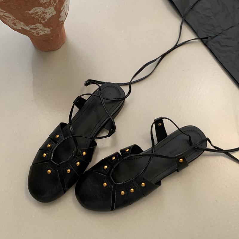 Fashion SUOJIALUN Autumn Women Flat Shoes Fashion Close Toe Lace Up Ladies Elegant Sandal Shoes Soft Flat Heel Outdoor Dress Slingback S