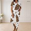 Women Plus Size V Neck Short Sleeve Leopard Christmas Tree Print White Pajama Set