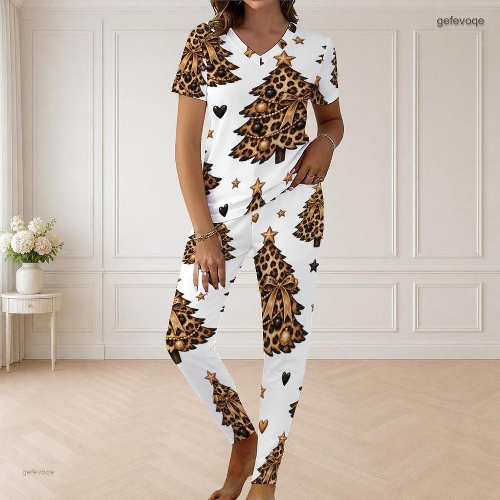 Women Plus Size V Neck Short Sleeve Leopard Christmas Tree Print White Pajama Set