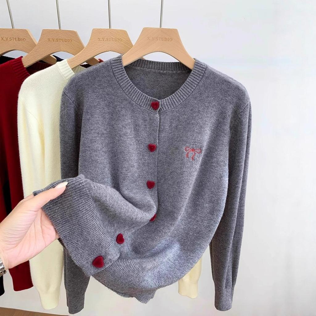 Andy fleece washing water, embroidered bow knitted cardigan jacket women's autumn and winter sweater lazy short