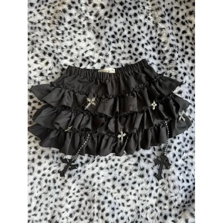 Summer Gothic Y2k Elastic Waist Cross Short Skirt Women High Street Chic Thin Hot Girl Skirts Female Aesthetic New Punk Outfits