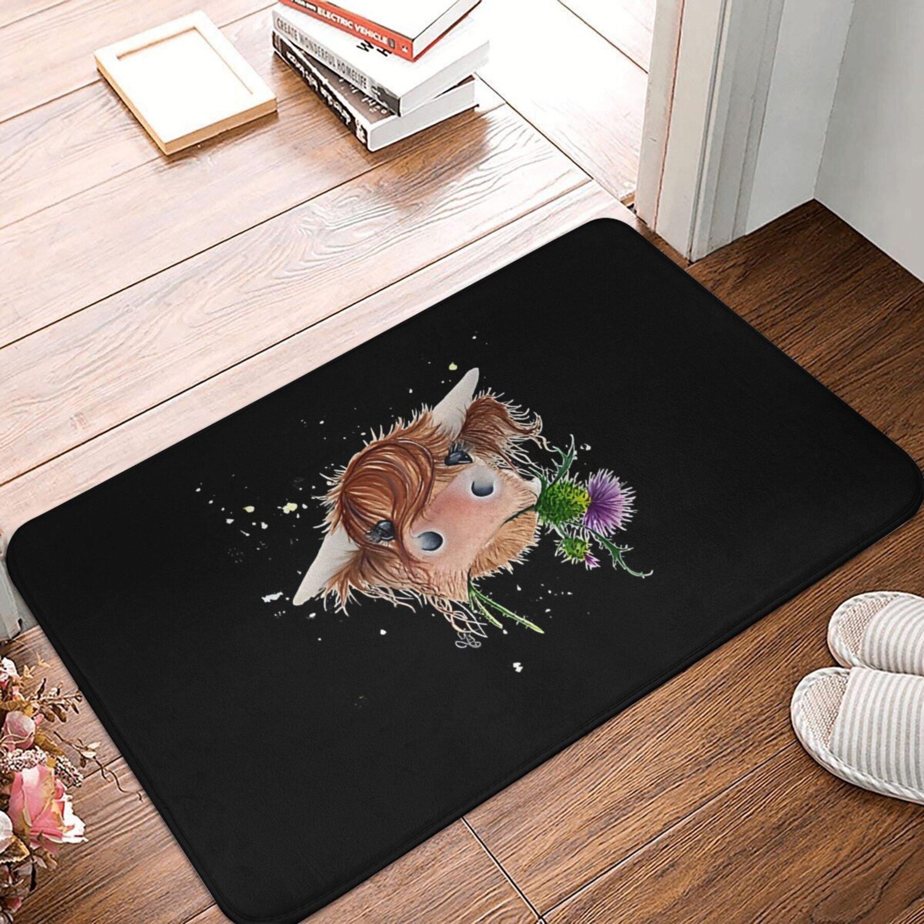 

Highland Cow Door Mat, Black Background Brown White Coo with Purple Thistle, Shaggy Non Slip Floor Pad, Indoor Entry Bathroom 40x60cm