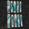 Long Water Pipe Nail Tips With Irregular Shape Blue Cat Eye Design Handmade Press-On Nails