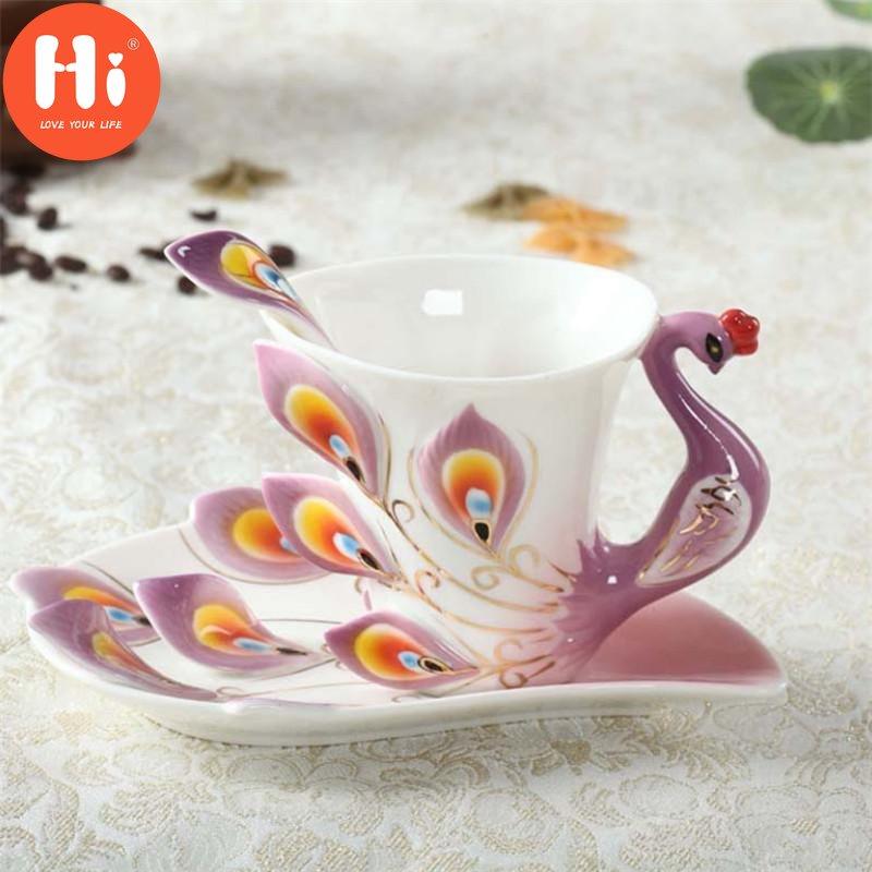 200ML Bone Cna 3D Color Enamel Animal Coffee Cup with Saucer and Spoon Ceramic Afternoon Teacups Drinwkare