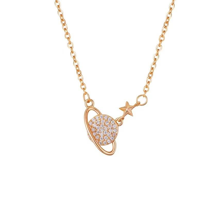 

925 Sterling Silver Planet Necklace , Dazzling Star Charm Pendant , Trendy Minimalist Collarbone Chain for Women , Birth 925 silver рожевий колір золота