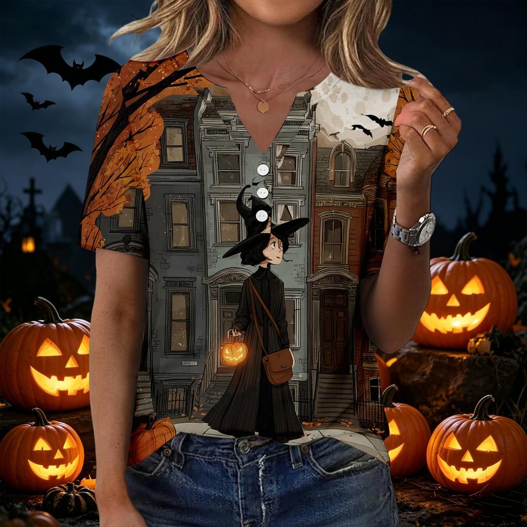 Women Casual V Neck Short Sleeve Button T Shirt Halloween Print Top Lightweight Comfortable Fit