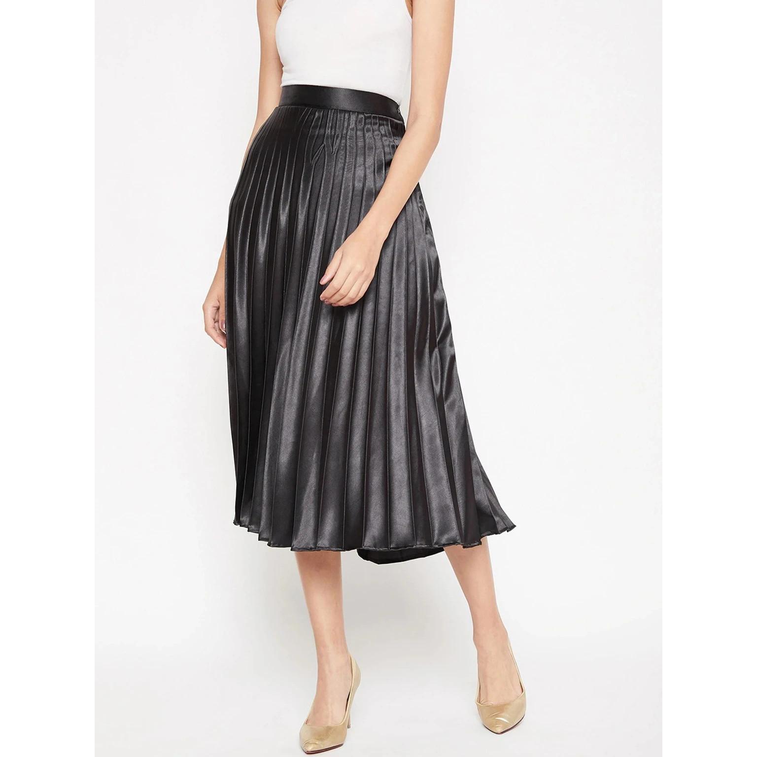 Black Silk Blend Women Flared Skirt Indian Bollywood Party Wear Pleated Skirt S