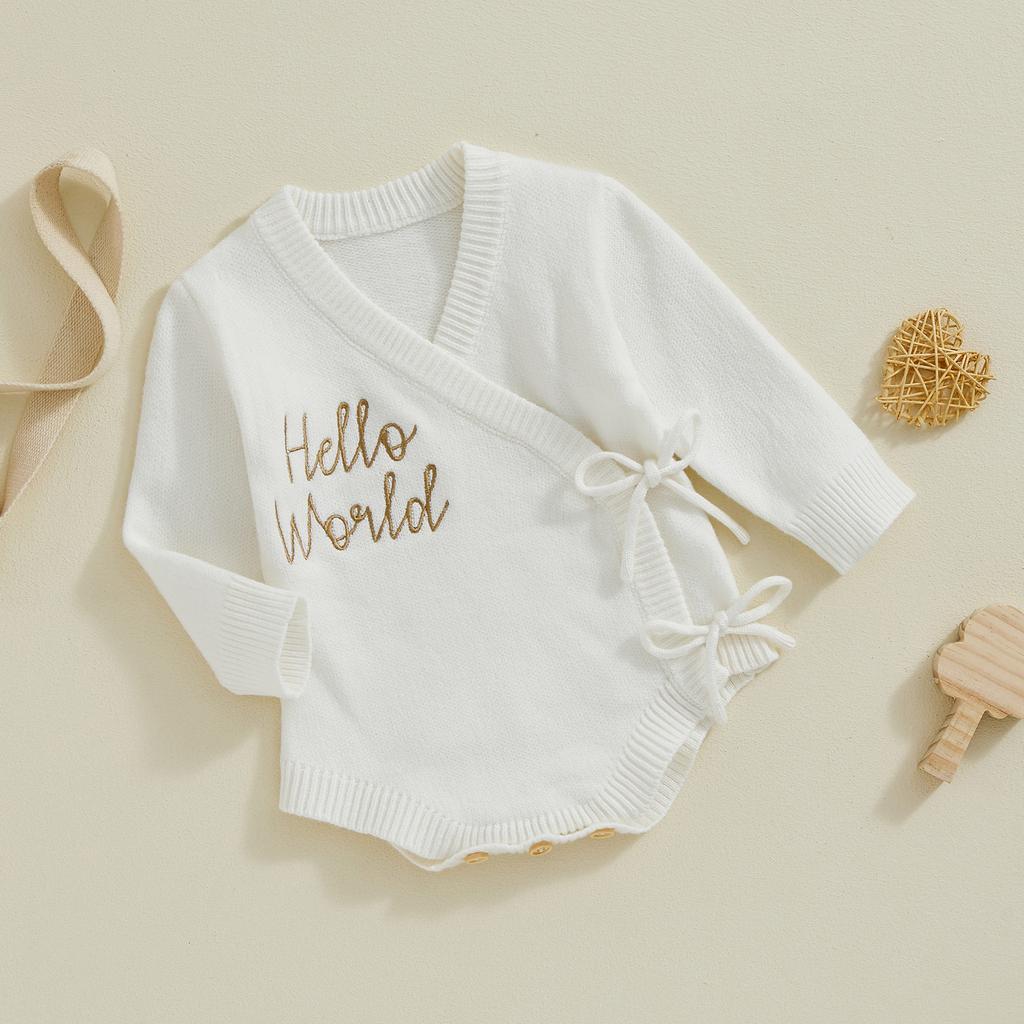 Baby Girls Sweater Romper Letter Embroidery Tie Up Long Sleeve Jumpsuits for Newborn Infant Toddler Fashion Clothes